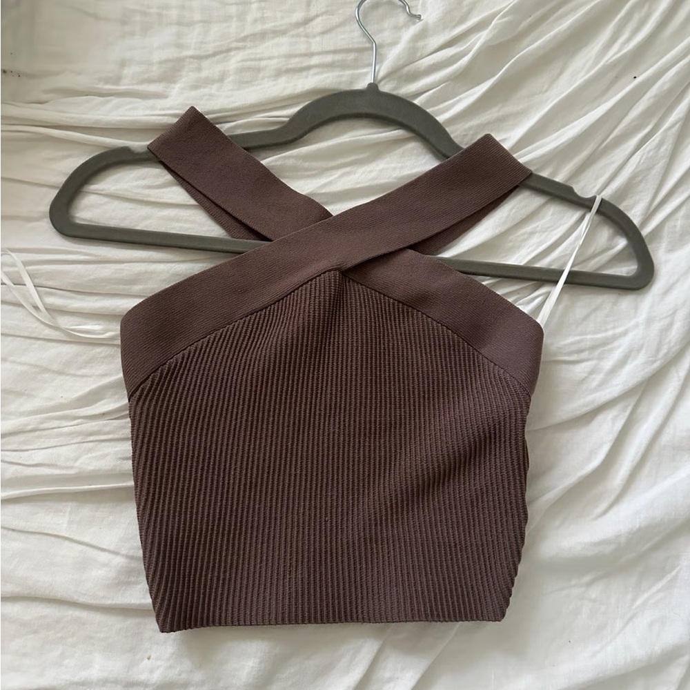 Aritzia Sculpt Knit Criss-cross Halter Tank Chocolate